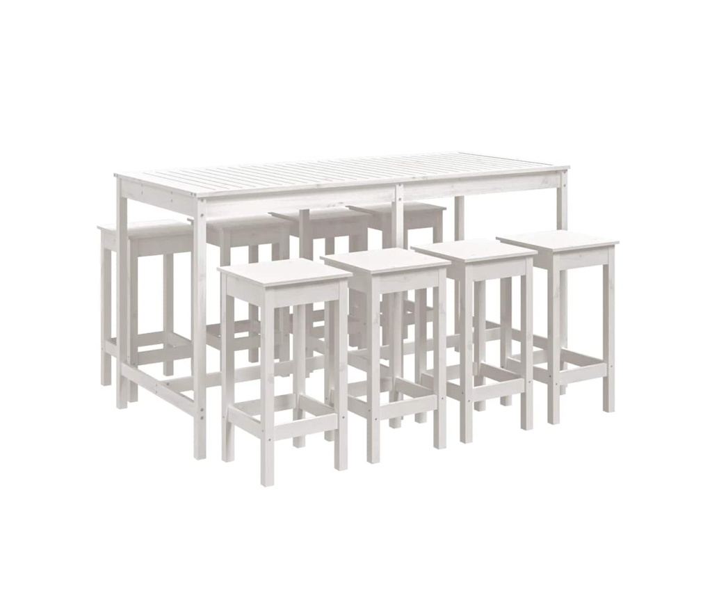 Градински бар комплект, 9 части, бял, масивна борсова дървесина - 2