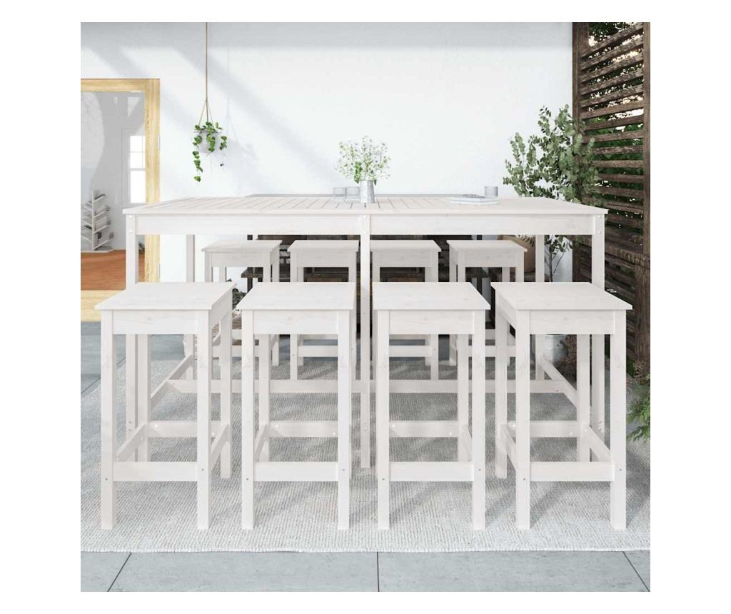 Градински бар комплект, 9 части, бял, масивна борсова дървесина - 3