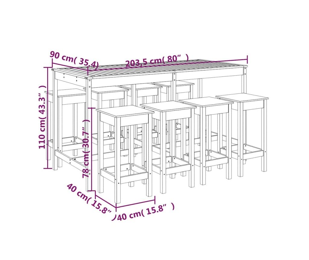 Градински бар комплект, 9 части, бял, масивна борсова дървесина - 10