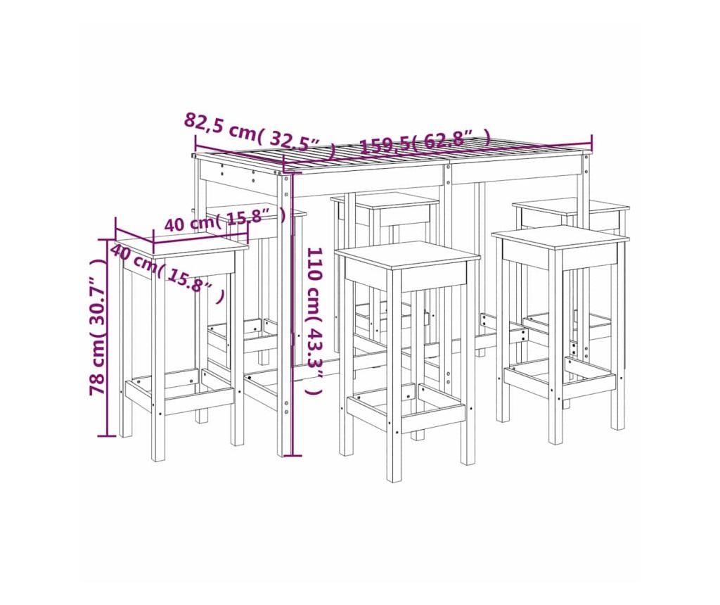 Градински бар сет, 7 части, масивна борова дървесина - 10