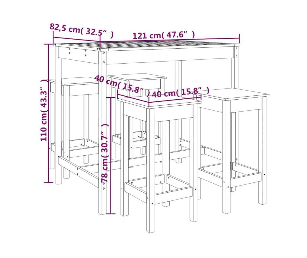Градински бар комплект, 5 части, бял, масивна борсова дървесина - 10