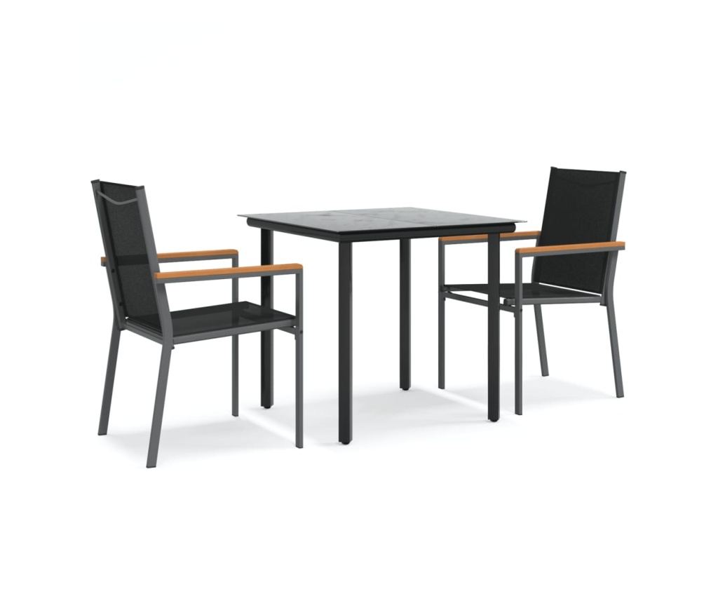 Set mobilier de grădină, 3 piese, negru, textilenă și oțel - 2