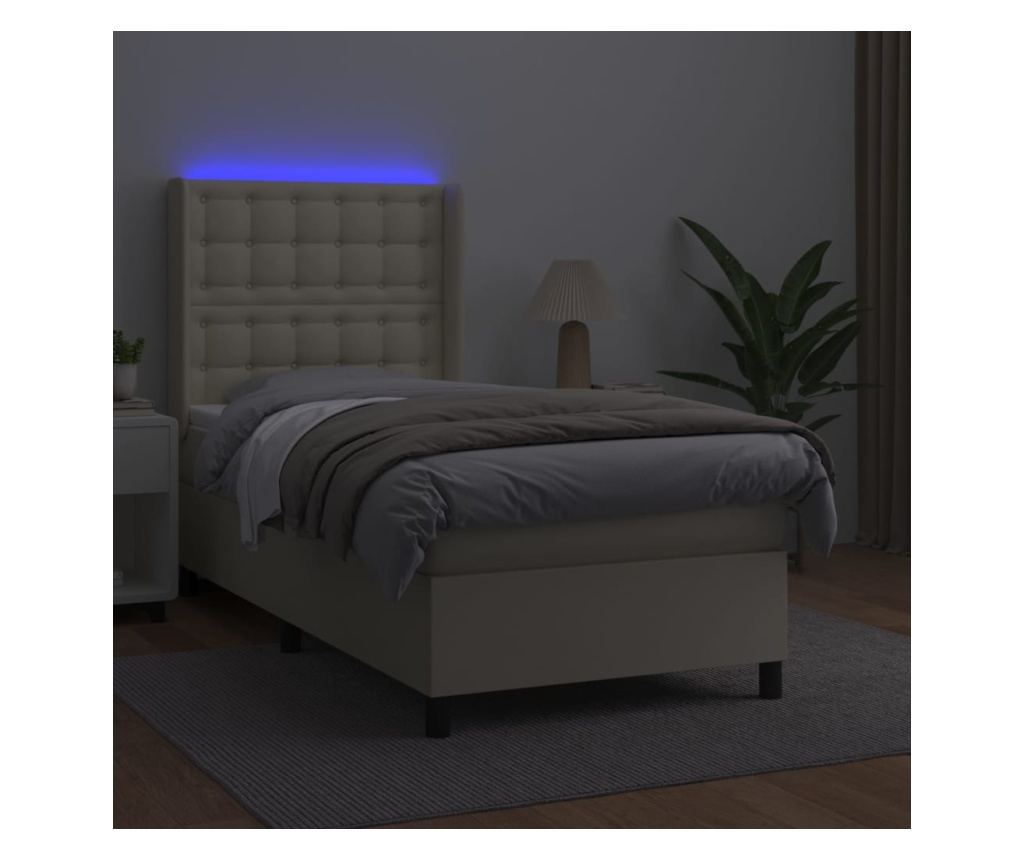 Pat cu arcuri, saltea și LED, crem, 100x200 cm, piele ecologică - 3