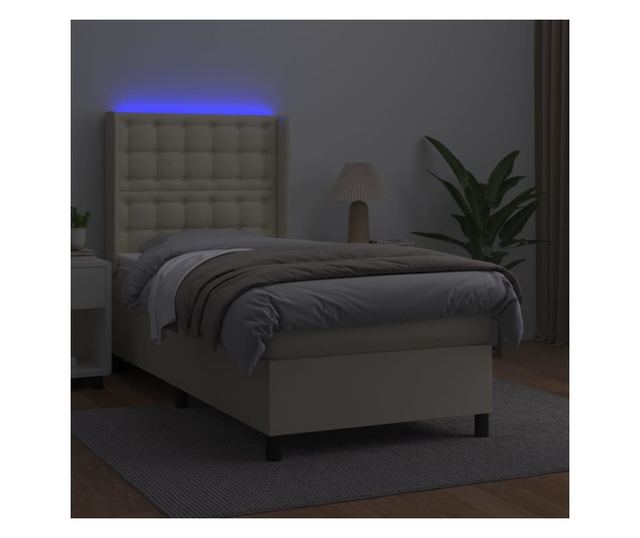 Пружинно легло с матрак и LED, кремаво, 100x200 см, еко кожа