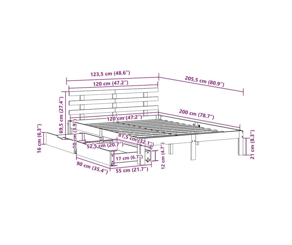 Рамка за легло с чекмеджета, 120x200 см, масивна борова дървесина - 11