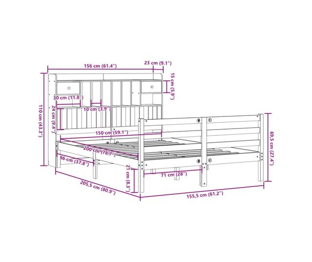 Рамка за легло с библиотека кафяво 150x200 см масивна борова дървесина