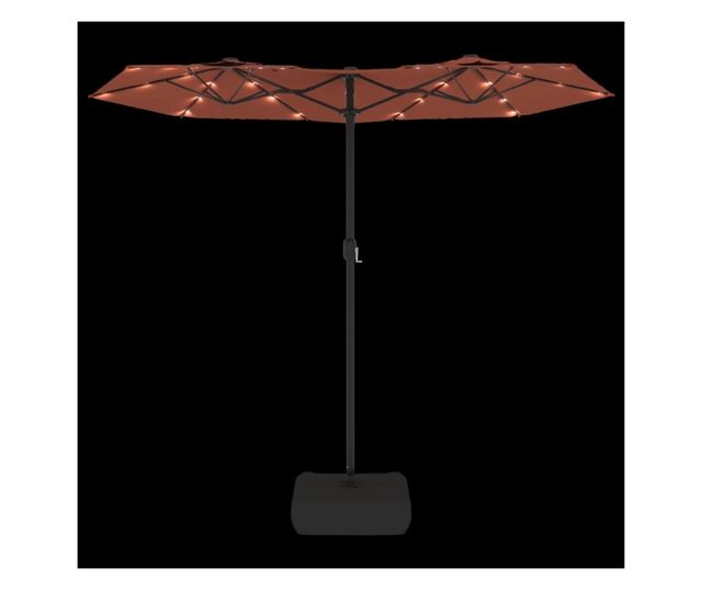 Двуглад чадър за вътрешен двор с LED, тухленочервен, 316x240 см