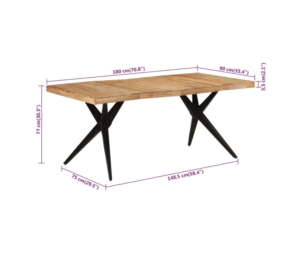 Трапезна маса, черна, 180x90x77 см, масивна дървесина акация - 7