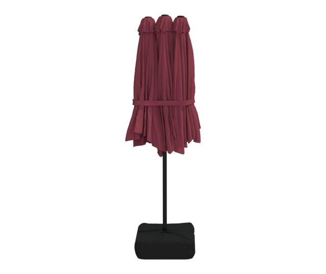 Двоен чадър за двор с LED осветление, бордо червен 449x245 см