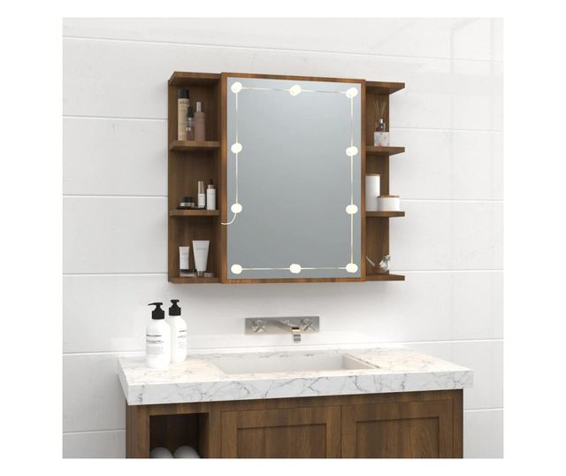 Omara z ogledalom in LED, temen hrast, 70x16,5x60 cm