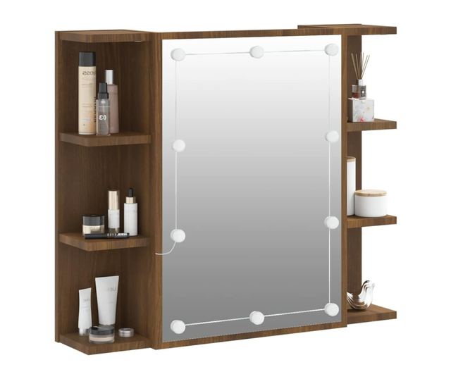 Omara z ogledalom in LED, temen hrast, 70x16,5x60 cm