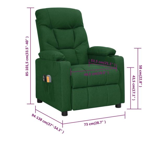 Електрически реклайнер масажен стол, тъмнозелен, плат