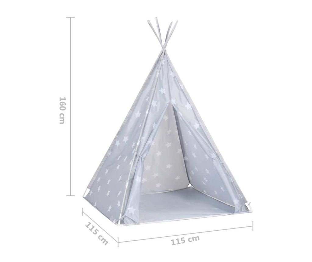 Детска палатка тип тийпи с чанта, сива, 115x115x160 см, полиестер - 8