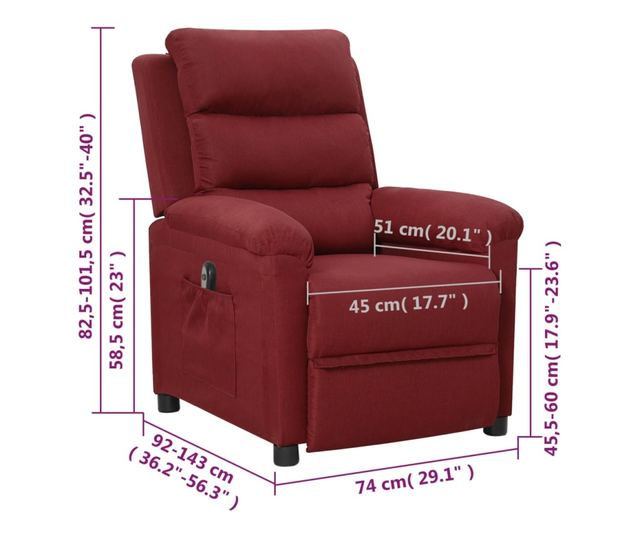 Реклайнер с повдигаща функция, цвят бордо, плат