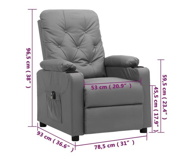 Електрически реклайнер фотьойл, сив, изкуствена кожа