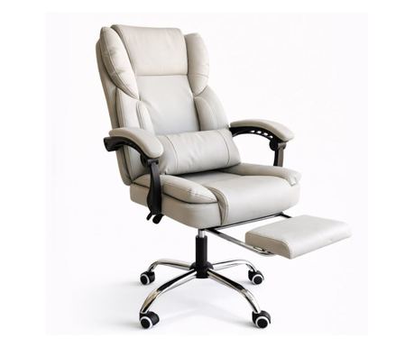 Skyline ergonomska pisarniška<0xC2><0xA0>stol, zložljiv 90–155°, izvlečni naslon za noge, krem umetno usnje, ledvena opora, kovi