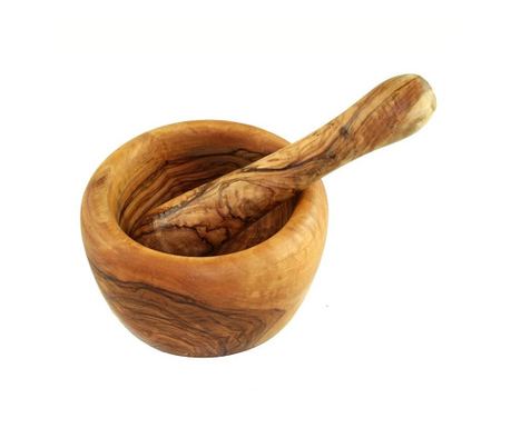 Mortier od maslinovog drveta s pestlom, promjer 14 cm, visina 9-10 cm