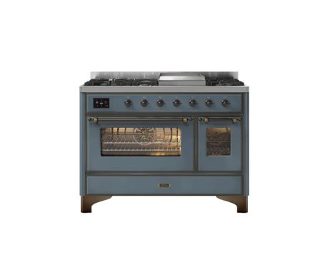 Газова печка, ILVE, Majestic, 120 см, 6 горелки, плита Fry Top, 2 електрически фурни, петролно синьо/бронз
