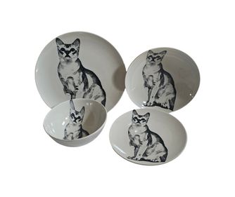 Set 4 piese, vesela pentru o persoana, Ivoire decorat cu corp pisica