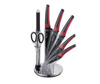 Комплект 5бр ножове Edenberg EB-952, Карбонова стомана, Ножица+точило, Акрилна стойка, Черен/червен