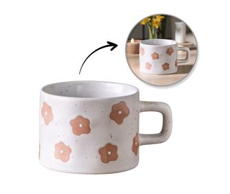 Keramična skodelica, bež tisk, retro cvetlični dizajn, 250 ml, eCarla, KB30