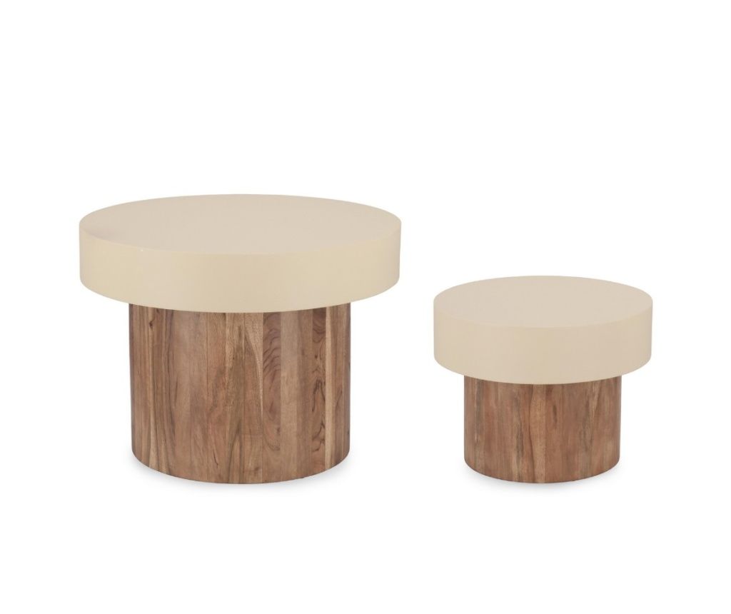 Σετ 2 Τραπεζάκια σαλονιού Anaya από ξύλο ακακίας και ατσάλι κρεμ Ø40x30υ; ø60x45υ
