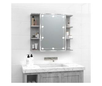 Гардероб със огледало и LED, сив сонома, 70x16,5x60 см