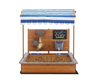 GINGER HOME Dřevěné pískoviště pro děti s nastavitelnou střechou a příslušenstvím – mlýnek na písek, dráha pro autíčka, 103x114x