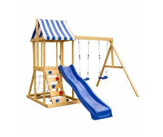 Gyerek fa kültéri játszószett GINGER HOME 4 az 1-ben csúszdával 2,2 m – Mászóka, háló és 2 hinta, 308×318×244 cm