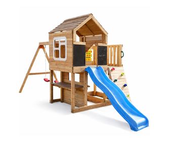 Nagy GINGER HOME Fa Játszóház Homokozóval, Csúszdával, 2 Hintával és Mászófallal – 250x150x267 cm