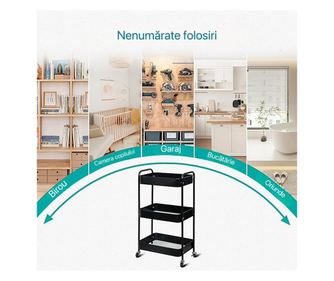 Etajera Mobila Generic, 3 niveluri, cu Roti si Manere, 37.5 x 25.5 x 73.5 cm, PVC si Plastic, 3 Carlige, culoare Negru