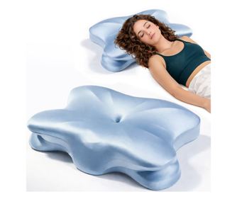 Pernă ortopedică ergonomică tip fluture Linomag®, Spuma cu memorie, husă satinată detașabilă cu fermoar, Suport pentru cap, gât