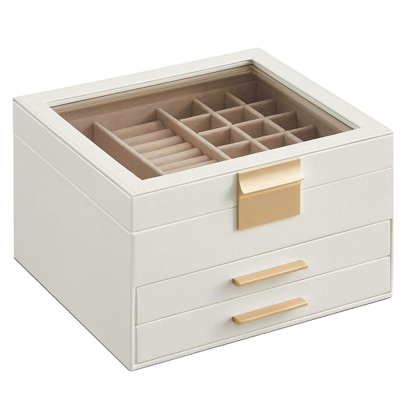 Cutie de bijuterii cu 3 nivele, 2 sertare, capac din sticla, 20x23x14cm, alb si auriu