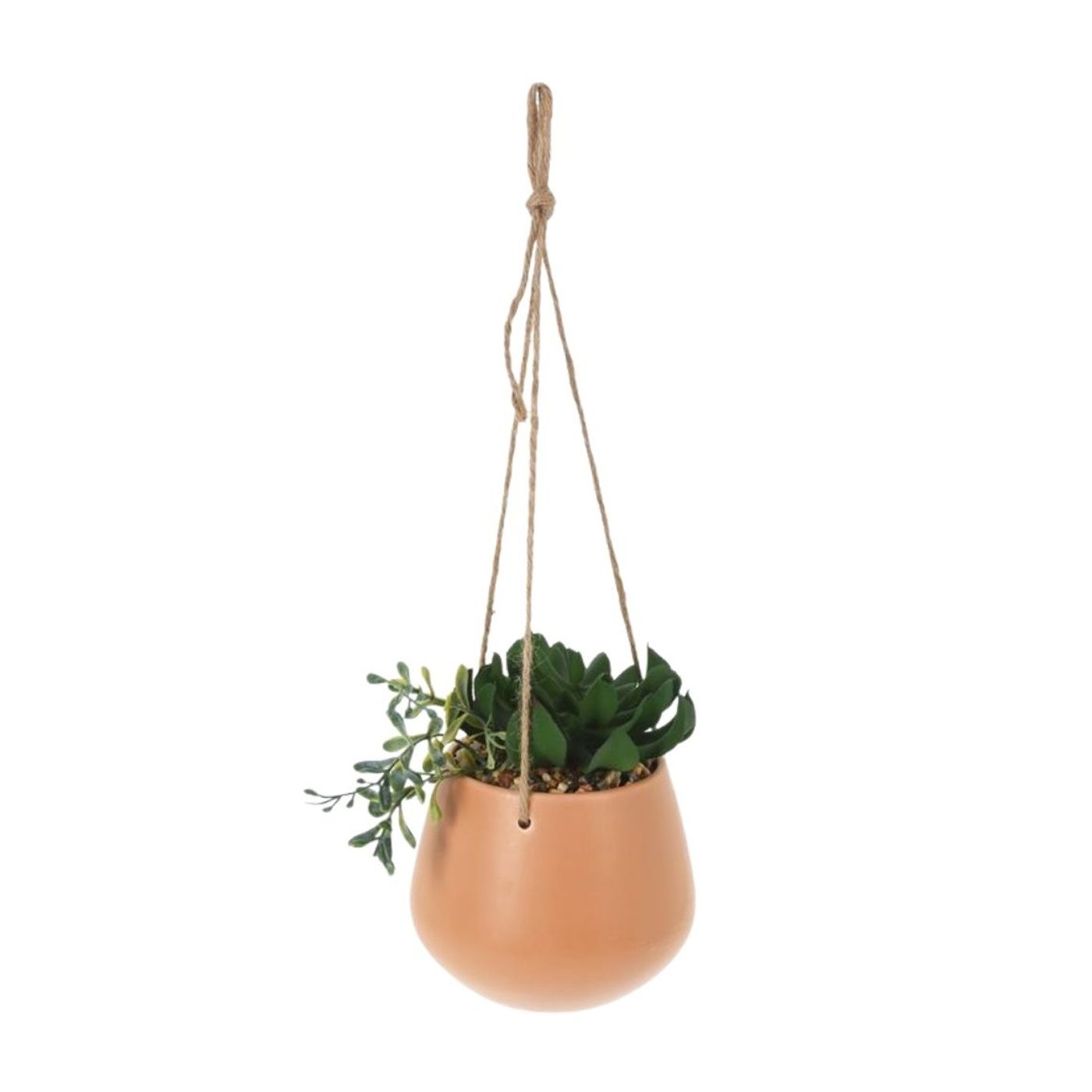 Artificial hanging plant with succulent mix, in an orange ceramic pot 16 cm, with a rope hanger