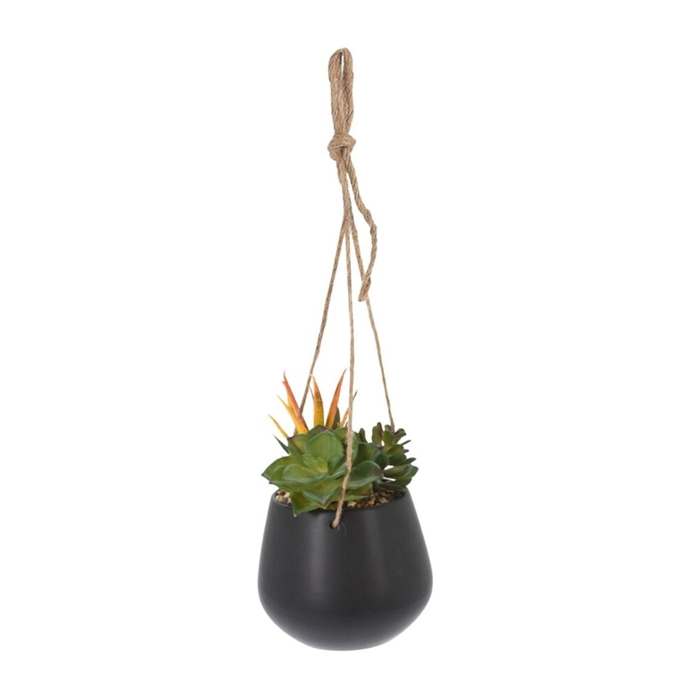 Artificial hanging plant with succulent mix, in a 16 cm black ceramic pot, with a rope hanger