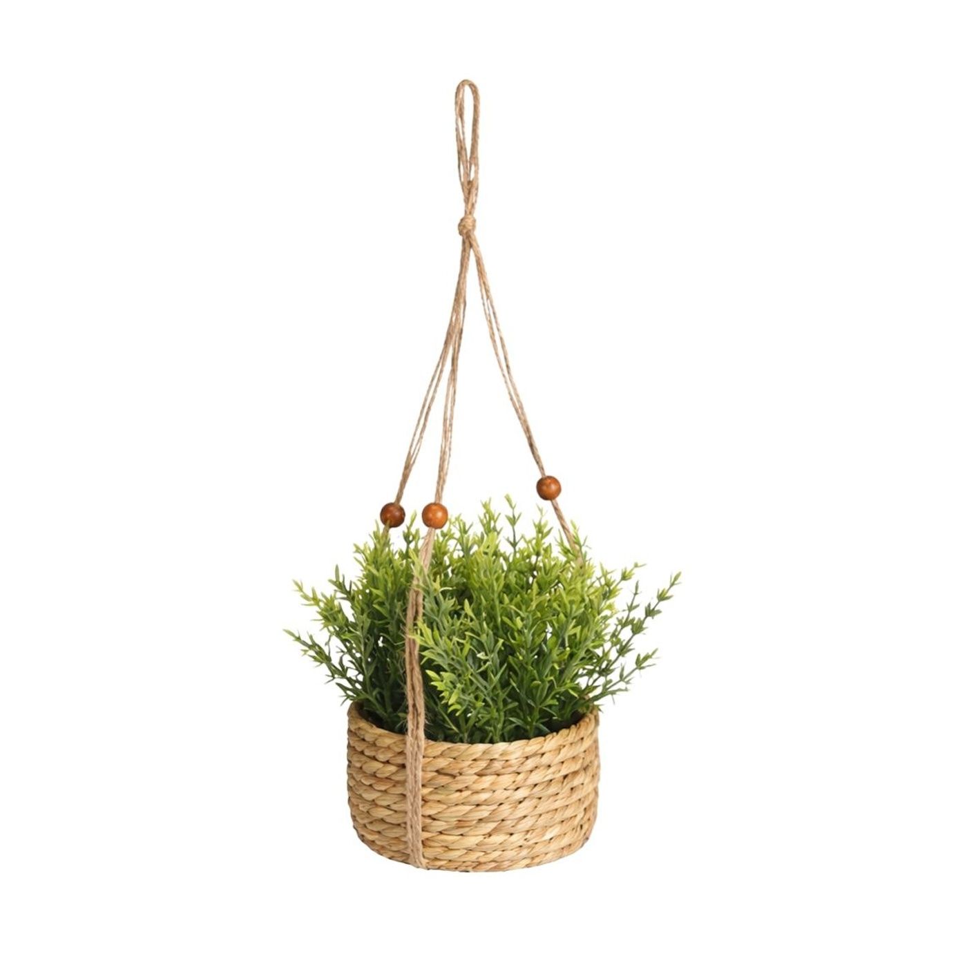 Umělý rozmarýn 11 cm v tkaném závěsném květináči s držákem, aromatická bylinková dekorace