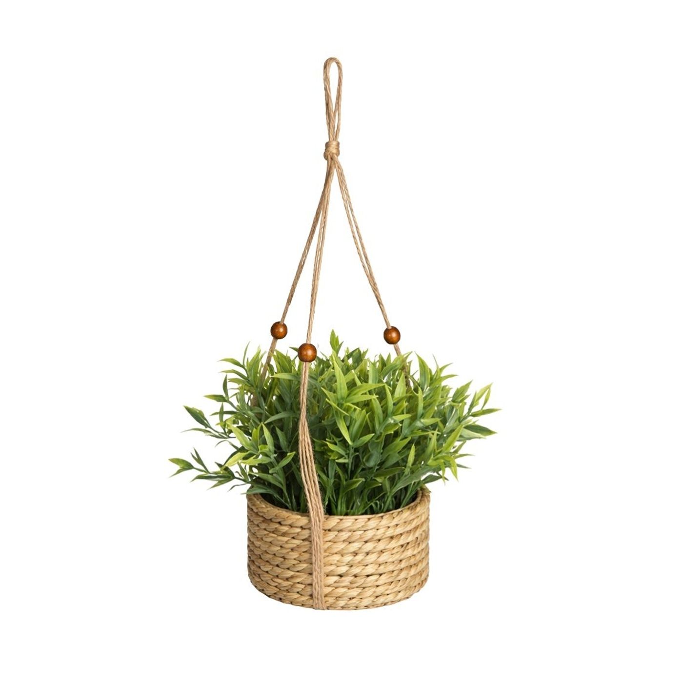 Umělá rostlina estragonu 11 cm v závěsném tkaném košíku s hákem, aromatická bylinková dekorace