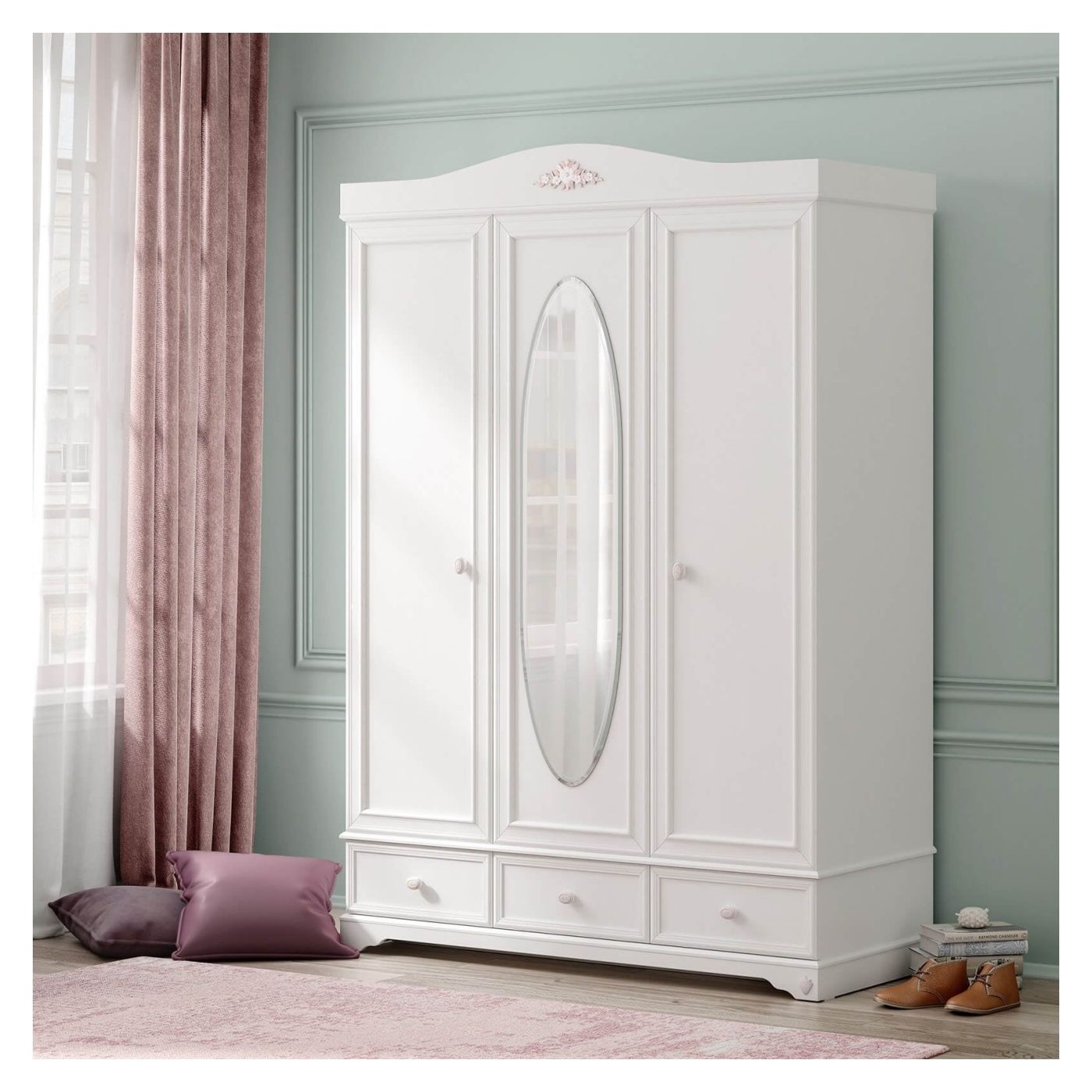 Cilek Wardrobe, 3 doors, mirror included, 140x60x204 cm, white chipboard, Rustic White collection