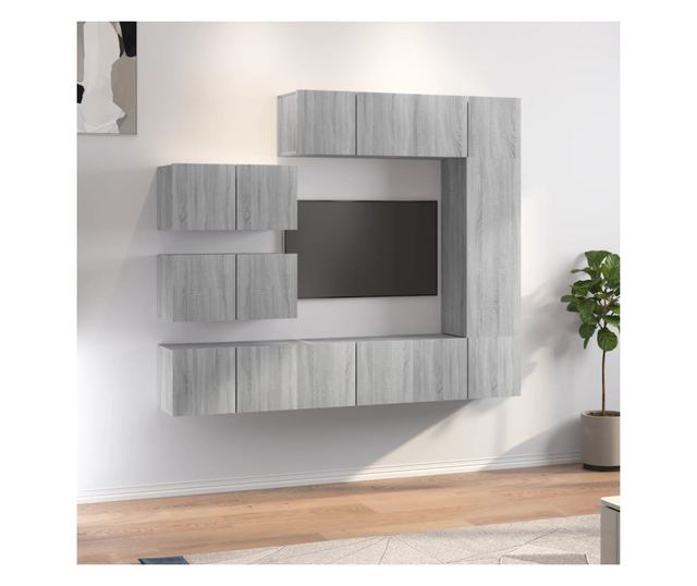 Set TV omare, 8 delov, siva sonoma, obdelano les.