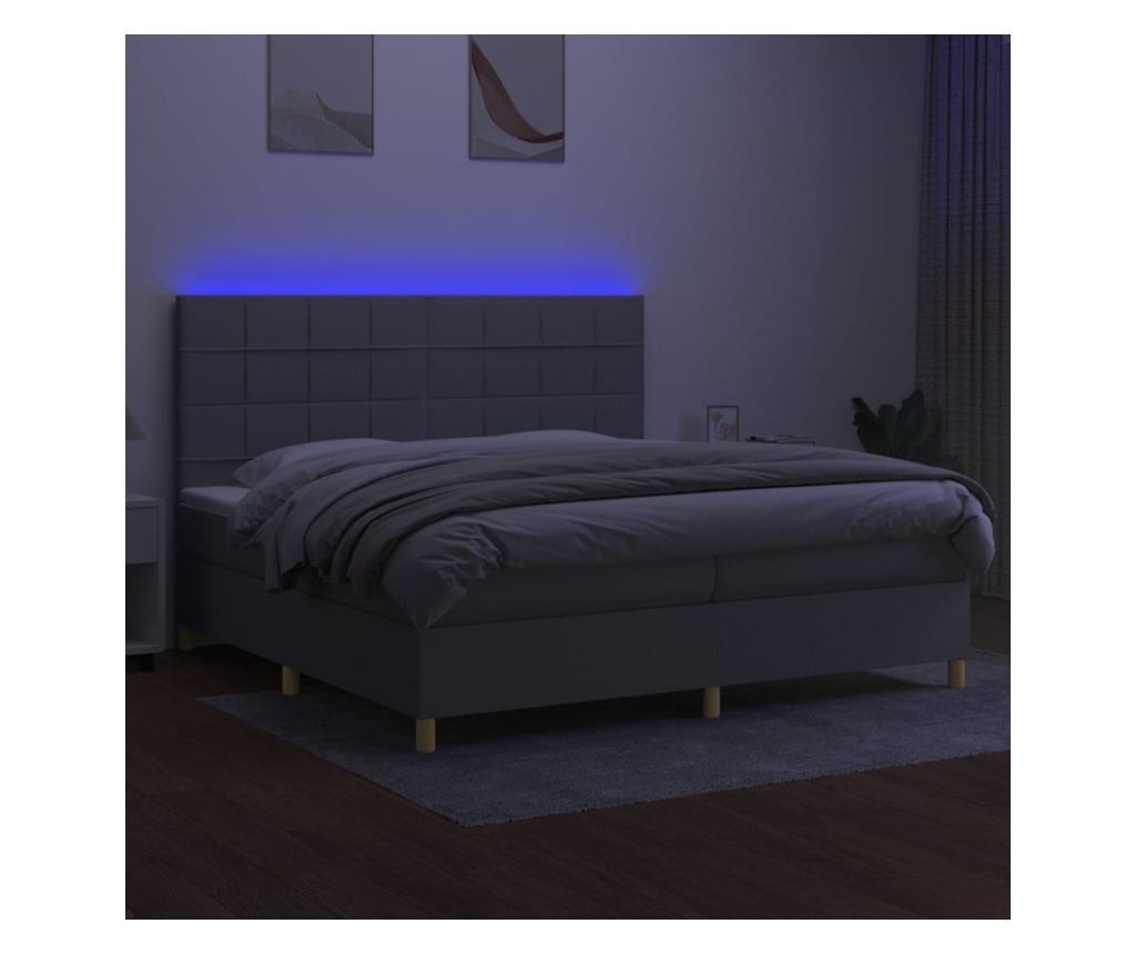 Легло с пружини, матрак и LED осветление, светло сиво, 200x200 см, текстил - 4