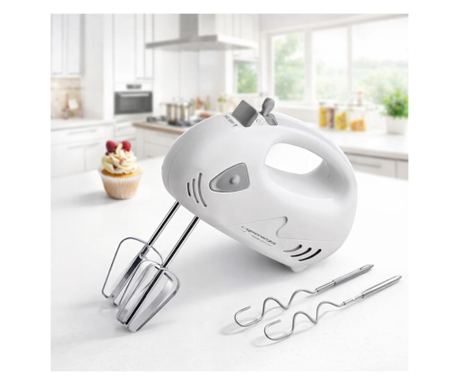 Esperanza Gray Muffin Ръчен миксер, 150W, 7 скорости, бъркалки и куки за тесто от неръждаема стомана, функция за изваждане, бял 