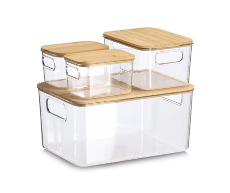 Set 4 cutii depozitare Zeller, plastic/bambus, 31x22x15 cm, transparent/maro