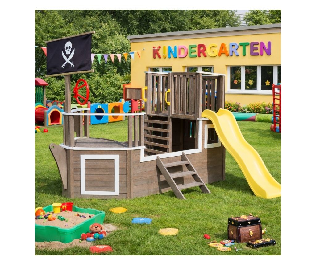 Детска Дървена Катерушка Пиратски Кораб с Пързалка и Пясъчник GINGER HOME – За Двор и Градина, 310×320×180 см - 10