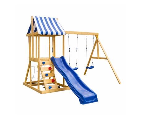 Детски Дървен Комплект за Игра на Открито GINGER HOME 4 в 1 – Пързалка 1.8 м, 2 Люлки, Катерушка и Въжена Мрежа, 308×318×244 см