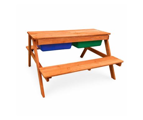 GINGER HOME Ξύλινο Τραπέζι για Παιδιά με Πάγκους και Αμμοδόχο, 2-σε-1, Ανακλινόμενο Καπάκι, 90x86x50 εκ.