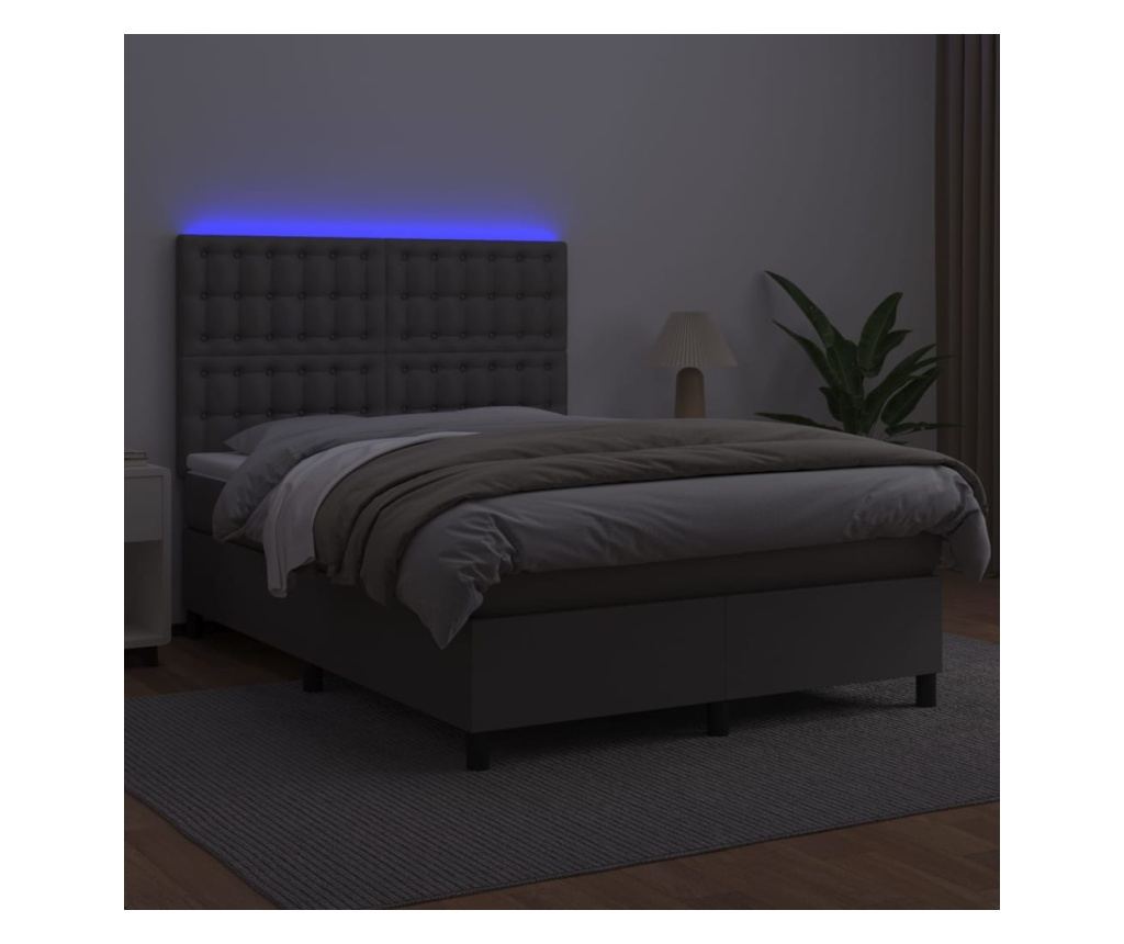 Легло с пружини, матрак и LED осветление, сиво, 140x200 см, еко кожа - 4
