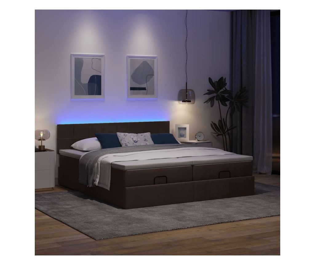Османска легло с матраци и LED, тъмнокафяво, 160x200 см, плат - 3