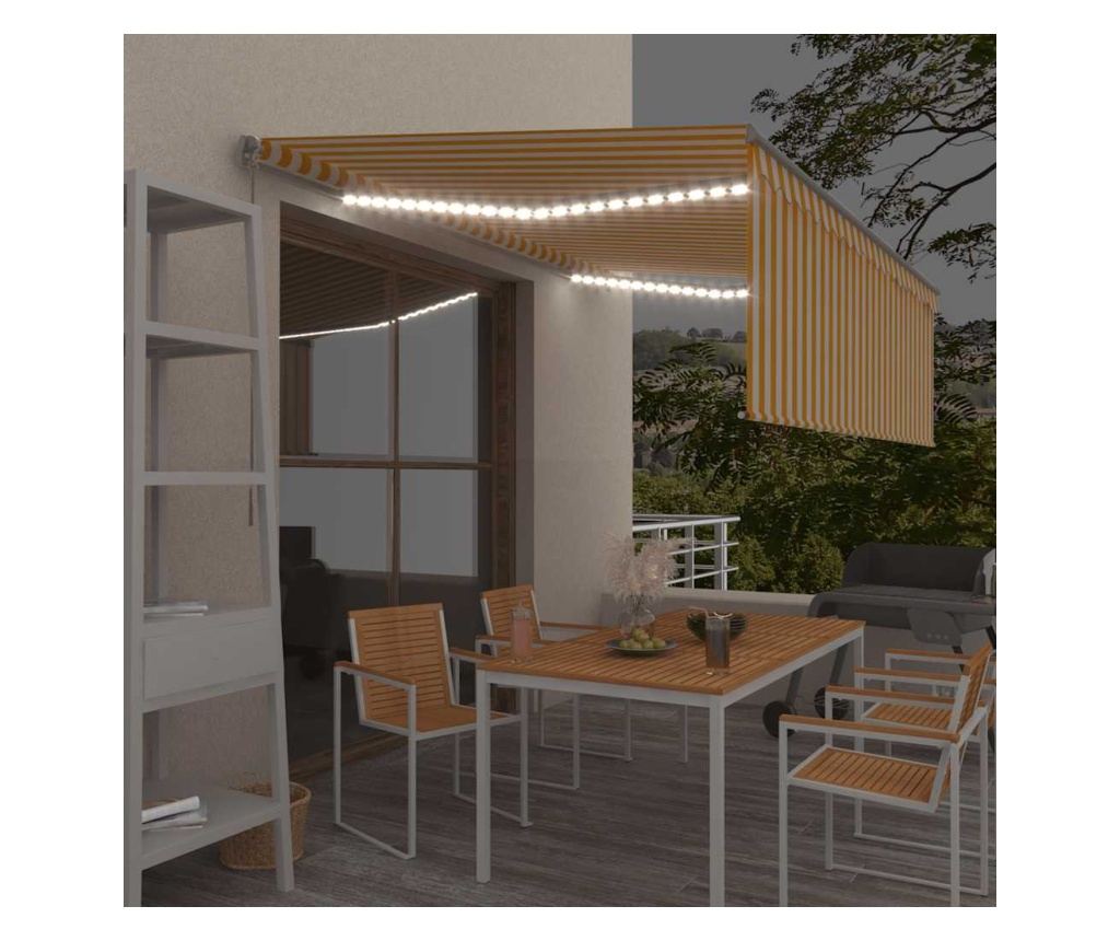 Ръчно прибиращ се сенник с щора и LED, 4x3 м, жълто и бяло - 2