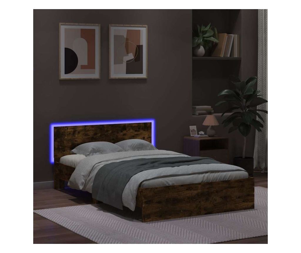 Рамка за легло с табла и LED, опушен дъб, 120x190 см - 3