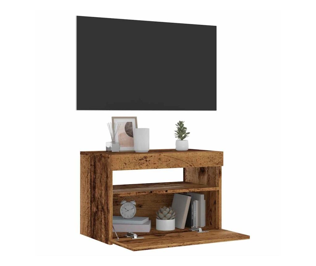 ТВ шкаф с LED светлини Старо дърво 60x35x40 cm - 2